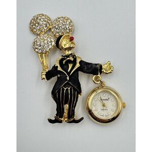 Vintage Bonetto Gold Tone Clown Rhinestone Balloons Brooch Watch New Battery